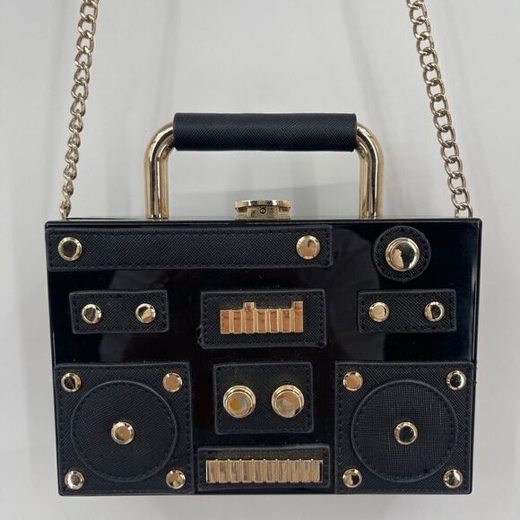 ZARA Black Hard Sided TFR Boombox Radio Mini Crossbody Clutch Bag - Picture 1 of 5